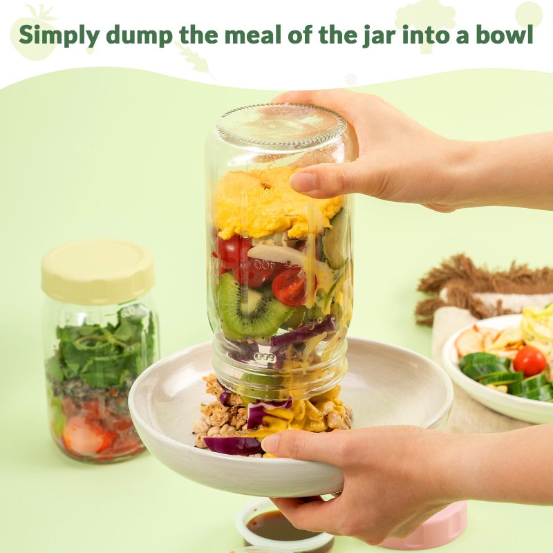 SOLIGT 4 Pack Glass Salad Jars with Lids Meal Prep, Leakproof Container for Lunch, with Wet/Dry Separation Cups, 32oz Mason Jars (Pink/Orange/Sky Blue/Olive Green) - Image 4